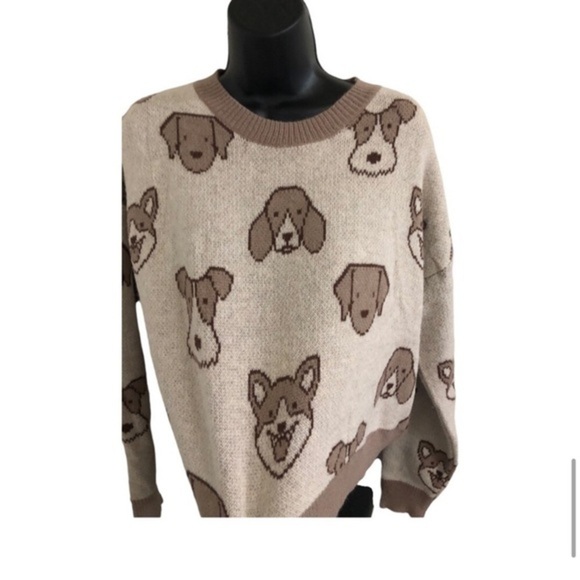 Beige cream brown adorable puppy dog face print long sleeve sweater‎ size medium - Picture 6 of 16